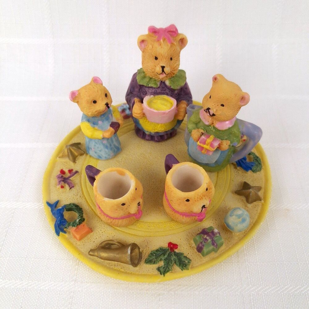 Vintage 1995 Young’s Inc Mini Resin Teddy Bear Tea Set Complete Christmas 7pc